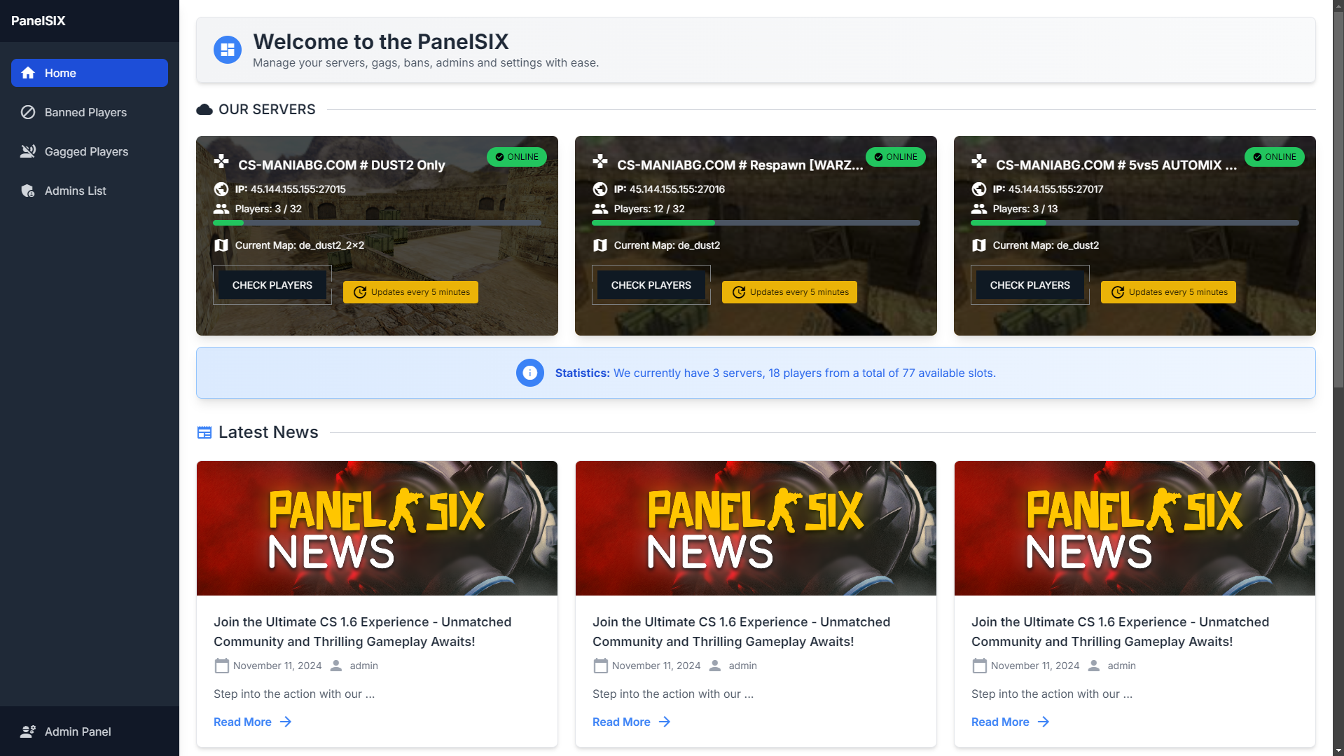 PanelSIX CMS - Counter Strike 1.6 Servers Panel